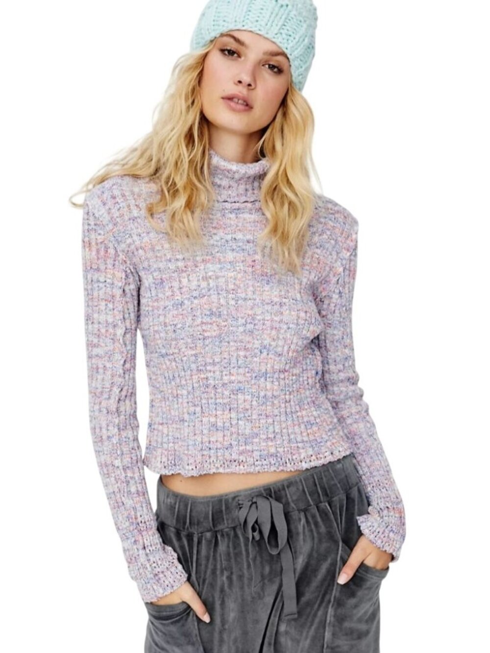 Free People Sweater Women's Large Multicolor Turtleneck Ribbed Knit Long Sleeve